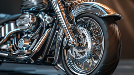 Hyperrealistic side view of a classic motorcycle, vivid reflections on chrome parts, intricate engine details, dramatic lighting with defined shadows, photorealistic technique