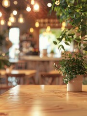 Wooden surface foregrounds a softly defocused cafÃ© interior