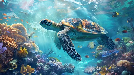 Majestic sea turtle gliding over vibrant coral reef