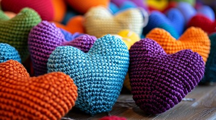 a crochet toy many knitted colorful hearts