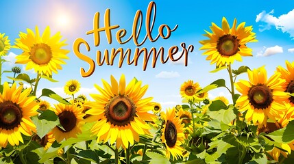 "Hello Summer" elegantly lettered over a sunny yellow background with a field of sunflowers. 8k, realistic, full ultra HD, high resolution, and cinematic photography.