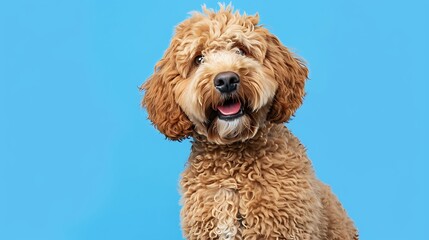 Fototapeta premium a goldendoodle dog isolated on blue background