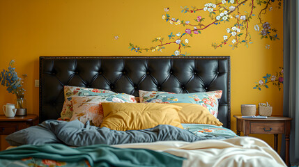 Bed with yellow headboard against floral pattern wall. Scandinavian interior design of modern bedroom.