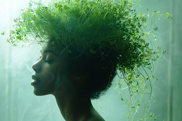 Silhouette of a dark-skinned attractive woman with microgreens in her hair. Concept of mental health or environmental conservation.