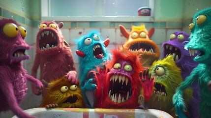 A group of cute monsters in the bathroom