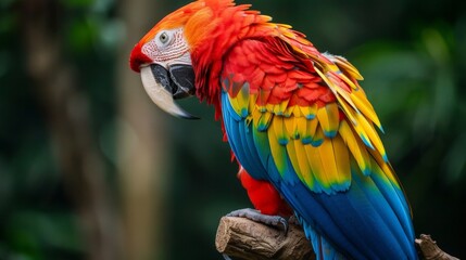 Obraz premium Close-up of a vibrant parrot perched on a branch, with its bright plumage and curved beak in sharp focus