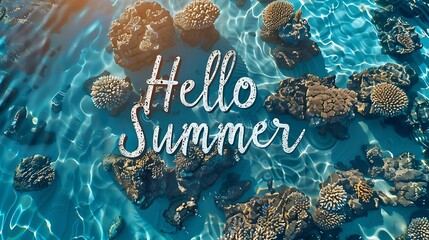 "Hello Summer" in beautiful calligraphy on a turquoise sea background with coral formations. 8k, realistic, full ultra HD, high resolution, and cinematic photography.