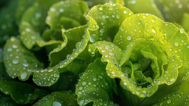 Close up of fresh green lettuce leaves with water drops - Powered by Adobe