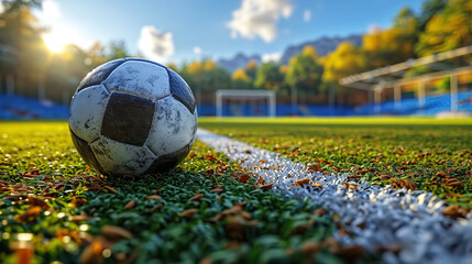 Thrills Textured Soccer Game Field with a Ball in Front of the Soccer Goal 