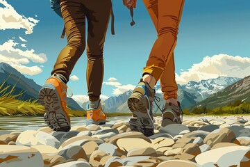 Vector illustration A couple trekking along a rocky riverbed under the bright sun, low section view. - Powered by Adobe