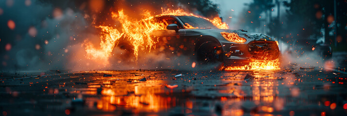 A Car Crash Scene with a Car That Is on Fire,
An image of a car being destroyed by an explosion
