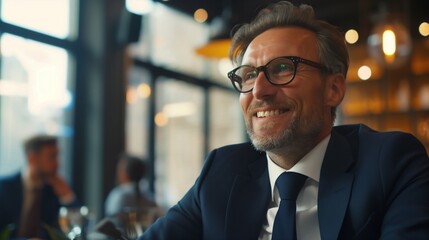 A businessman discussing strategies with his team, his smile reflecting optimism and determination.