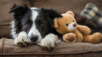 A young border collie cuddles her favourite teddy bear