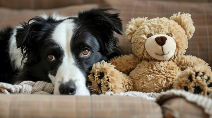 A young border collie cuddles her favourite teddy bear