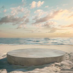 Naklejka premium Summer's Embrace - A Seaside Haven Featuring a Circular Sand Plinth