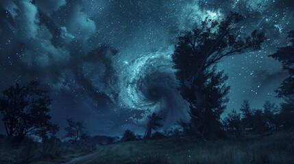 Majestic tornado funnel with a backdrop of a serene starry night, trees bent in the storm's path, dramatic clouds overhead