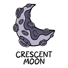 Crescent moon with craters. Vector cartoon illustration isolated on white.