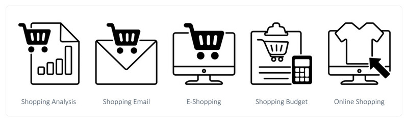 A set of 5 Shopping icons as shopping analysis, shopping email, e-shopping