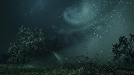 Tornado with violent winds, close-up view of trees bending, clear night sky filled with stars above the storm