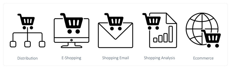A set of 5 Shopping icons as distribution, e-shopping, shopping email