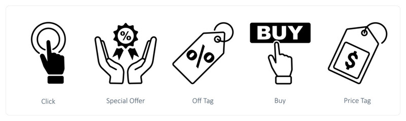 A set of 5 Shopping icons as click, special offer, off tag