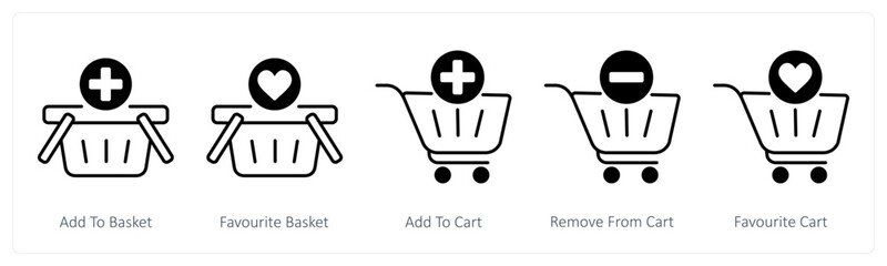 A set of 5 Shopping icons as add to basket, favorite basket, add to cart