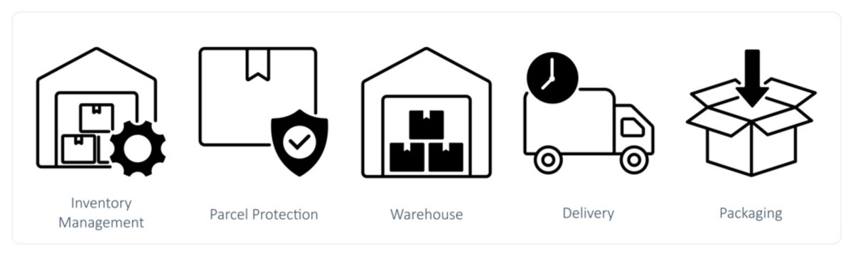 A set of 5 Shopping icons as inventory management, parcel protection, warehouse