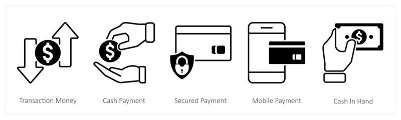 A set of 5 Shopping icons as transaction money, cash payment, secured payment
