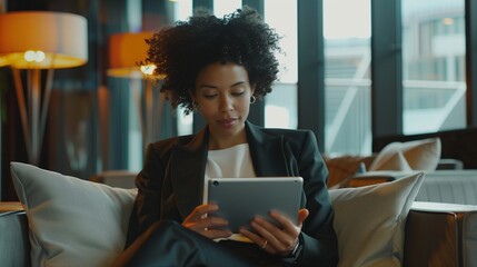 A businesswoman on a sleek modern sofa, scrolling through her tablet with a focused expression.