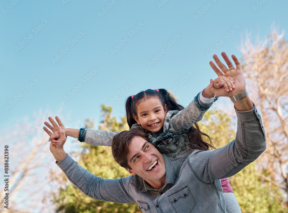 Poster Portrait, dad and child in park for piggyback, playing or bonding together with smile. Happy family, parent or father with daughter outdoor in nature for motor skills, recreation or physical activity