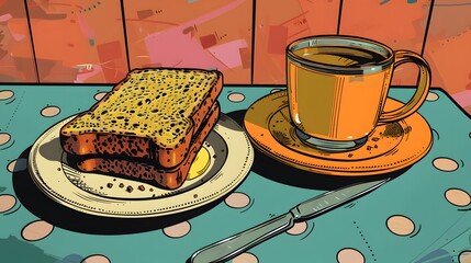 Pop Art comic book style breakfast featuring bread and butter, bold outlines and vivid colors 