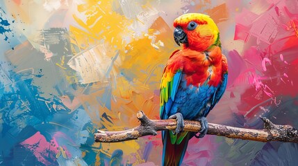 Colorful parrot sits on a branch against an abstract background of bright colors.