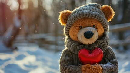 Fototapeta premium Bear doll is holding an amazing of red heart valentines surprise