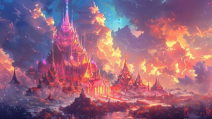 Fantasy landscape with floating islands and a castle