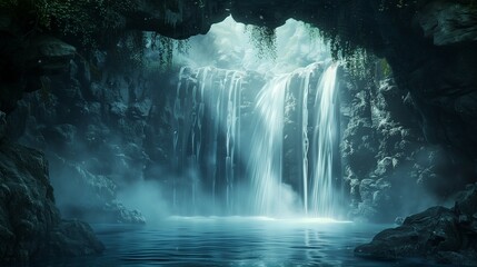 A cascading waterfall plunging into a hidden grotto, its mist creating a magical, otherworldly atmosphere.