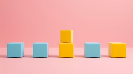 Obraz premium Blue and yellow blocks in a line with the yellow block standing out as the obvious choice on a light pink background
