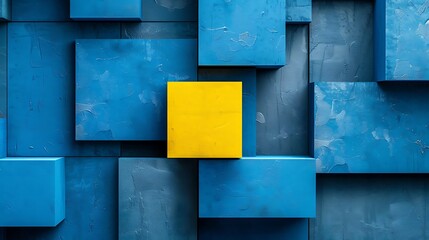 Blue Stacked Blocks with a Yellow Block in the Center on Slate Background