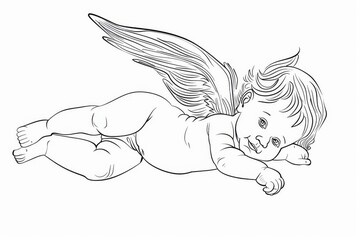 Cherub baby sketch, baby with angel wings lying down, white background.