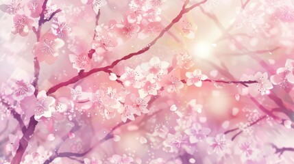 Naklejka premium Cherry blossom trees in pink and white colors, in the style of anime. The sun shining through the petals, watercolor, cartoon, fantasy, dreamy, japanese
