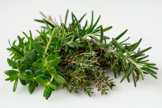 Fresh rosemary and thyme sprigs isolated on white background.