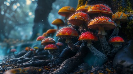 A cluster of colorful mushrooms nestled among the roots of an ancient oak tree, their caps glistening with dewdrops. - Powered by Adobe