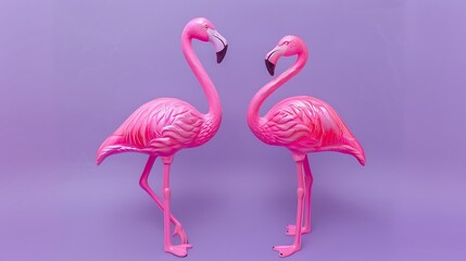 Bright pink plastic flamingo couple on purple background