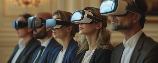 Group of business people in suits wearing virtual reality headsets in a meeting.