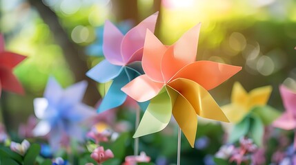 Close up image of beautiful colorful paper windmills used for home decoration