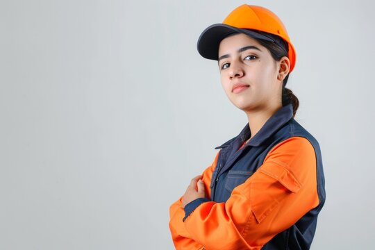 Studio Photography portrait of a logistics worker,  female 20 years old Mexican worker in uniform