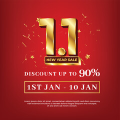 1.1 new year sale golden number on a red background for promotion