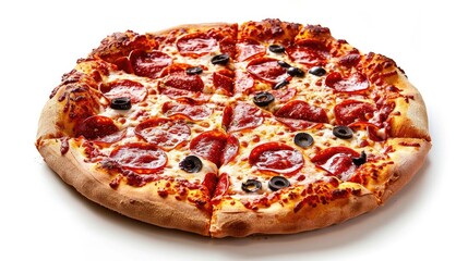 Round pizza with delicious toppings and seasonings. On isolated white background. Generative AI
