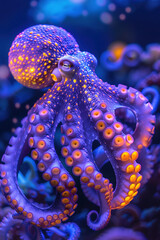 Obraz premium A purple octopus with yellow tentacles swimming in ocean deep