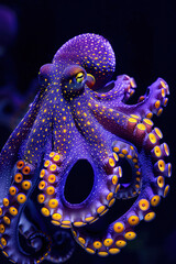 A purple octopus with yellow tentacles swimming in ocean deep