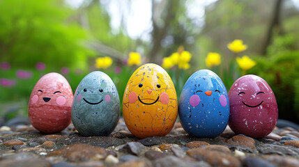 Whimsical Easter eggs adorned with cartoon faces